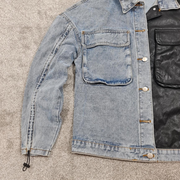 Zapp Oversized UK 6 Colour block Denim Jacket Blue & Black Pleather - Picture 3 of 6